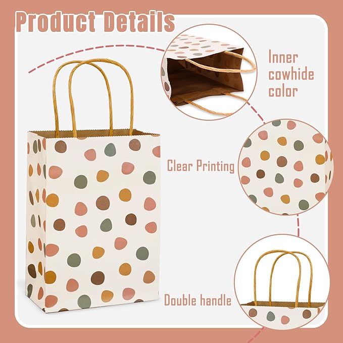 JarThenaAMCS 16Pcs Boho Party Favor Bags Neutral Paper Gift Bags with Handles Hand Drawn Dot Candy Goodie Treat Bags for Wedding Birthday Baby Shower Party Supplies