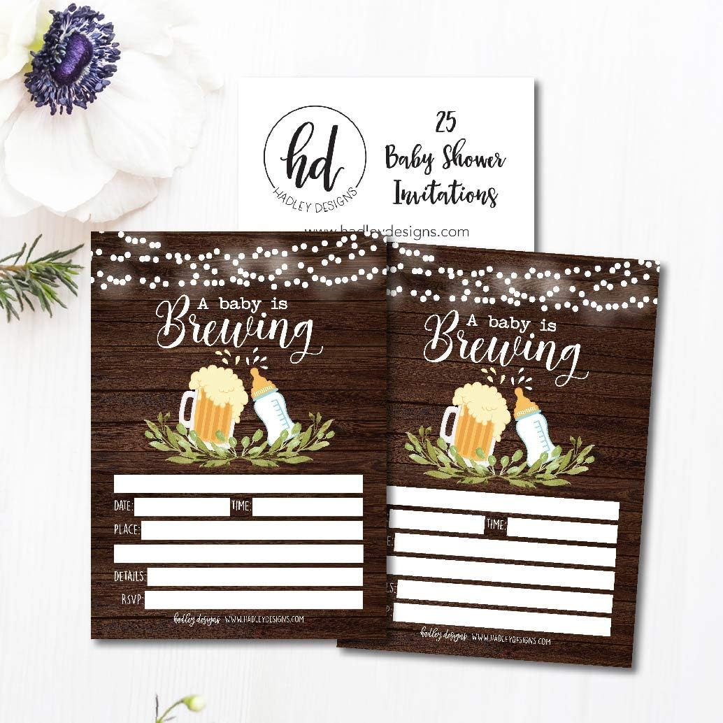 Hadley Designs 25 Brewing Baby Shower Invitations, Coed Sprinkle Invite for boy or girl, Gender Neutral Reveal, Cute Printed Fill or Write In Blank Printable Card, Beer Vintage Bottle Twin Party