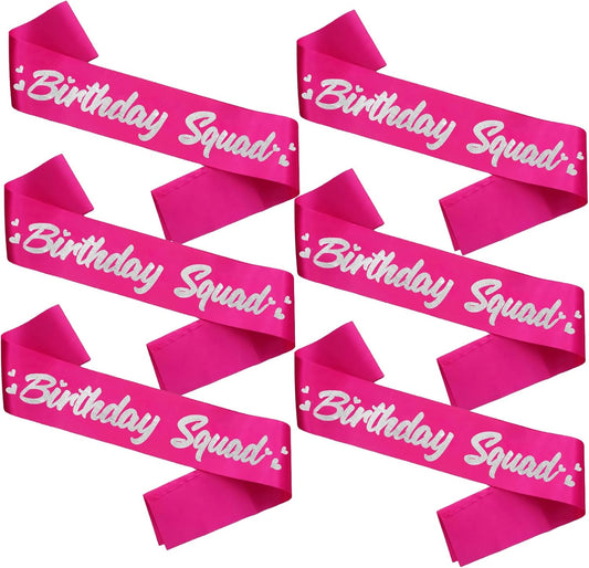 6 Pieces Birthday Squad Sash Set Hot Pink with Silver Glitter Lettering Birthday Sash for Women Funny Party Favors Decorations for Sweet 16 18th 21st 25th 30th 40th 50th or Other Bday