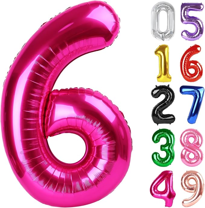 Hot Pink Number 6 Balloon 40 Inch, 6th Birthday Party Decorations for Children, Giant 6 Foil Balloon for Party Supplies