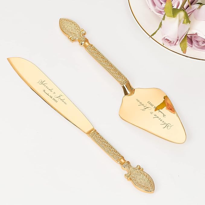 TUKDAK Cake Cutting Set for Wedding, Personalized Gold Cake Knife and Server Set, Custom Cake Serving Set, Engraved Pastry Pie Server Cake Pizza Cutter, Birthday Bridal Gift (CUS-Vintage)