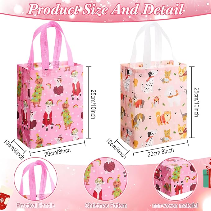 Wovnet 30 Pcs Dog Themed Gift Bags with Handles Pink Dog Tote Bags Reusable Non Woven Shopping Goodie Treat Bag for Puppy Birthday Party Adoption Celebration, Pet Lover, 10 x 8 x 4in