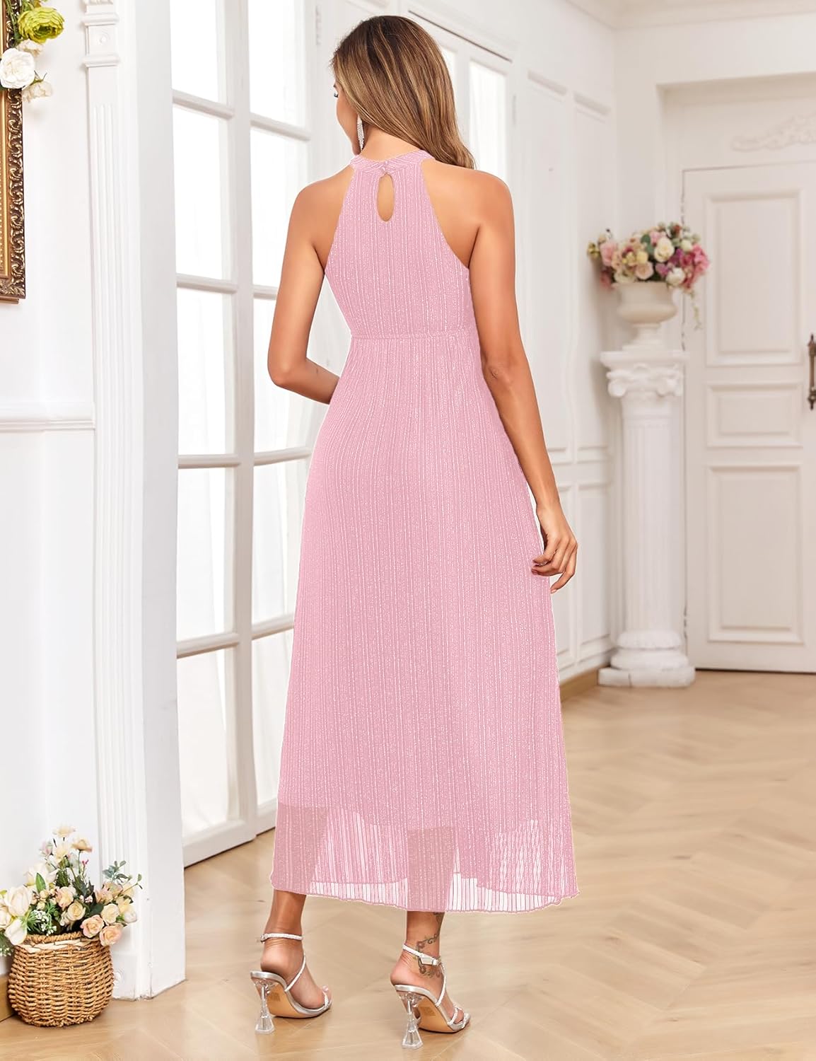 Maternity Sparkly Mesh Dress Halter Neck Sleeveless A Line Pregnancy Dresses Semi Formal Baby Shower Photoshoot