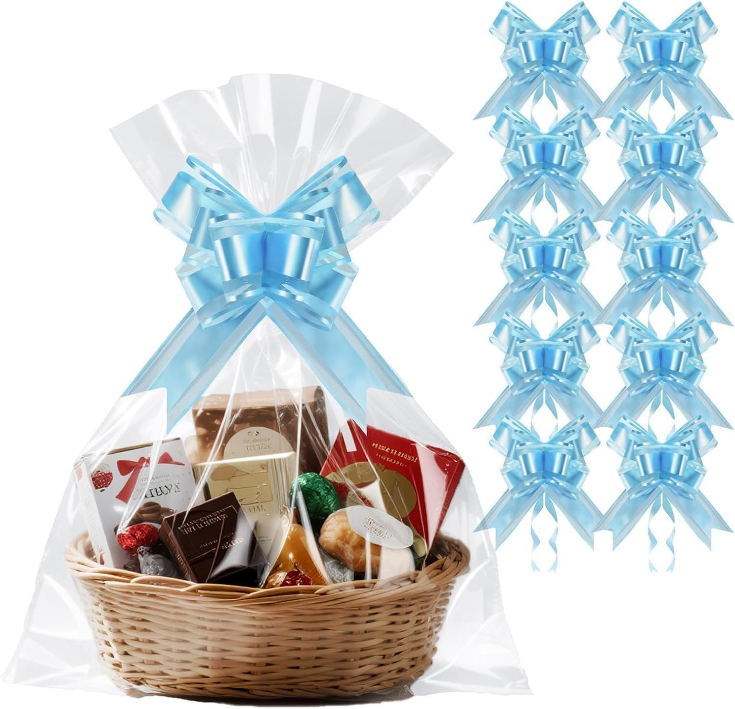 PigPotParty 16"x24" Clear Cellophane Gift Bags - Includes Bows – 10 Pack Cellophane Wrap for Gift Baskets, Plastic Gifts Bags for Gift Giving