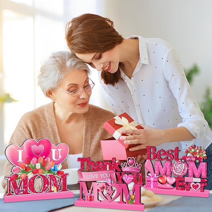 4pcs Mothers Day Decorations for Party Wood Table Decor Happy Mothers Day Centerpieces for Tables Pink I Love U Mom Thank You Mom Wood Tabletopper for Home