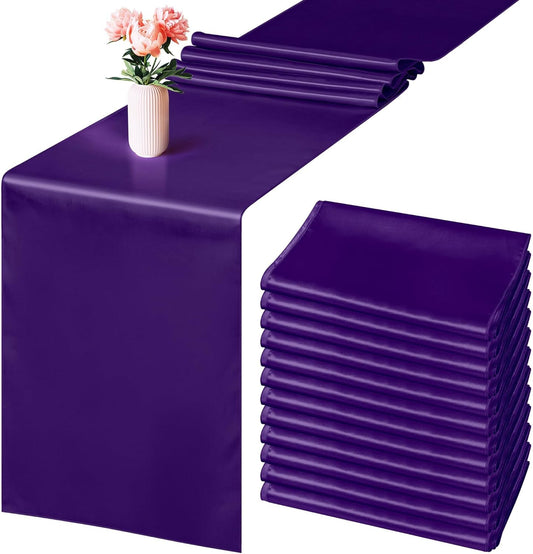 Aneco Satin 12 Pack Table Runner 12 x 108 Inch Dark Purple Long Wedding Satin Silk Table Runner for Wedding Banquet Graduations Birthday Party Decoration