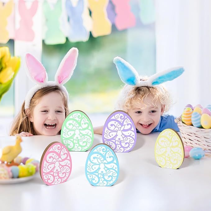 5 Pcs Wooden Hidden Bunny Easter Egg Tiered Tray Sign for Table Centerpieces Decoration Spring Cute Rabbit Mantal Ornament for Farmhouse Fireplace Easter Egg Hunts Basket Home Kitchen Party Supplies