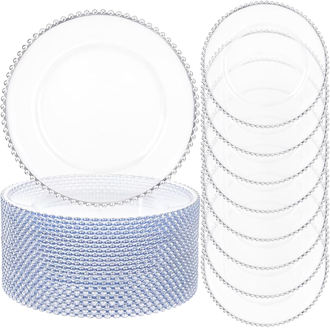 20pcs Clear and Silver Charger Plates 13inch Plastic Charger Plates Plastic Round Dinner Plate with Beaded Rim for Home Birthday Wedding Party Events Table Decor