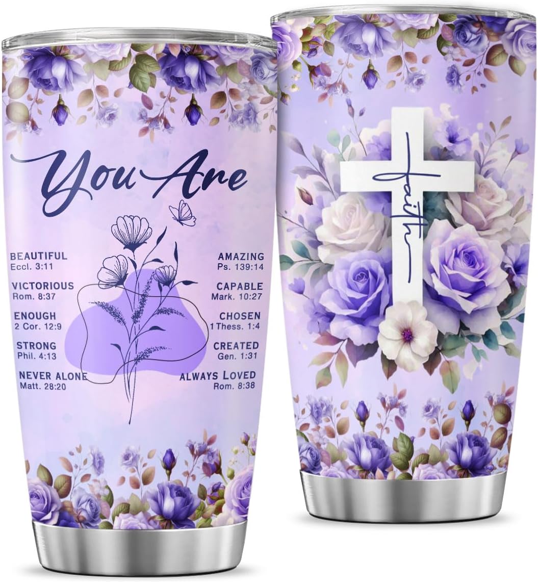 Christian Faith Tumbler for Women with Bible Verses, Inspirational Floral Design, 20oz Stainless Steel Insulated Cup, Religious Gift for Birthday, Encouragement, Spiritual Uplift