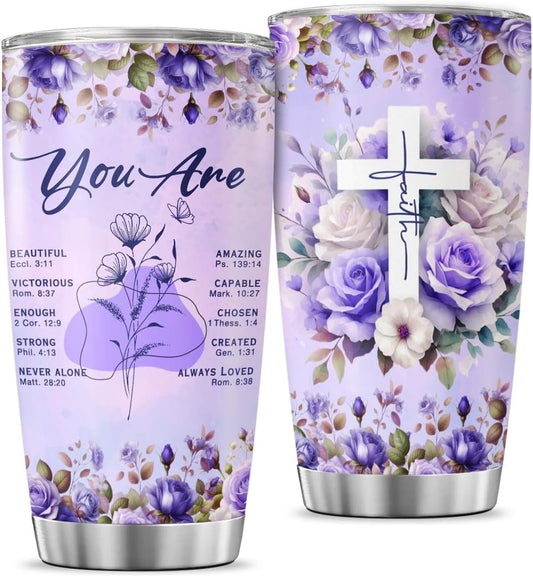Christian Faith Tumbler for Women with Bible Verses, Inspirational Floral Design, 20oz Stainless Steel Insulated Cup, Religious Gift for Birthday, Encouragement, Spiritual Uplift