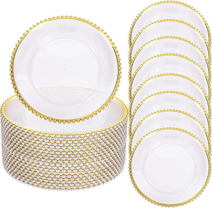 13 Inch Gold Charger Plates,20pcs Clear Charger Plates with Gold Rim,Plastic Plate for Dinner Plate,for Family Party and Wedding