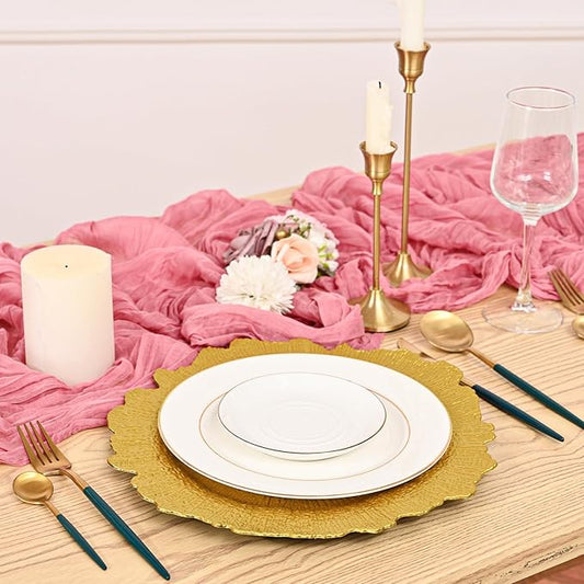 Pesonlook 24Pcs Bright Gold Charger Plates Round 13inch, Reef Plate Chargers for Dinner, Bulk Plastic Floral Table Charger Plates for Dinner Wedding Party Event Table Setting Decoration(Bright Gold)