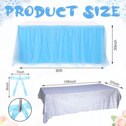 5 Pcs Princess Gray Party Tablecloth Blue and Silver Sequin Tulle Table Skirt 30 x 108 Inch Gray Princess Tables Cover for Birthday Party Decor Supplies(Bow, Silver)