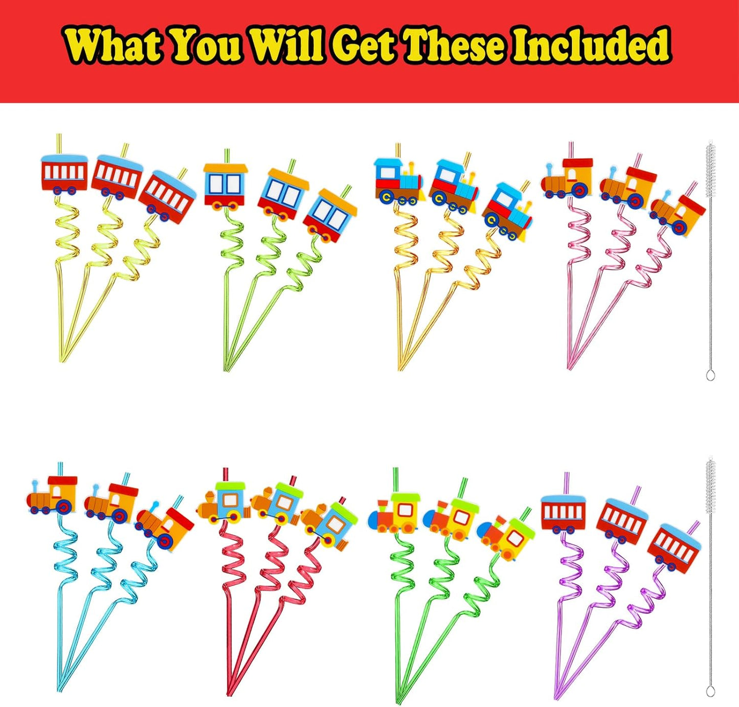 24 Pack Train Theme Shaped Straws - Reusable Plastic Straws with Cartoon Decoration - Kids Party Supplies - Birthday Party Favors with 2 Cleaning Brushes
