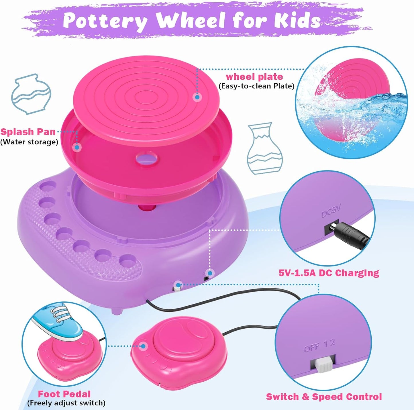 TingingYuli Pottery Wheel for Kids,Complete Pottery Kit and Tools for Beginners,Arts and Crafts Toys for Kids Ages 8-12,Art Supplies Birthday Gifts for Boy Girl Age 6 7 8 9 10 11 12 (Pink/Purple)