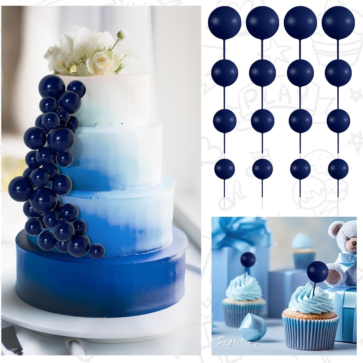 138 Pcs Blue Balls Cake Topper Decorations Balloon Cupcake Toppers Foam Multisize Cake Topper Balls for Birthday Party Wedding Anniversary