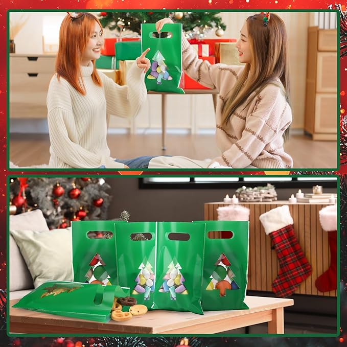Supervitae 100 Pcs Christmas Tree Plastic Gift Bags with Transparent Window & Handles Christmas Party Favor Bags Bulk for Xmas Snacks Goodie Candy Treat Party Supplies
