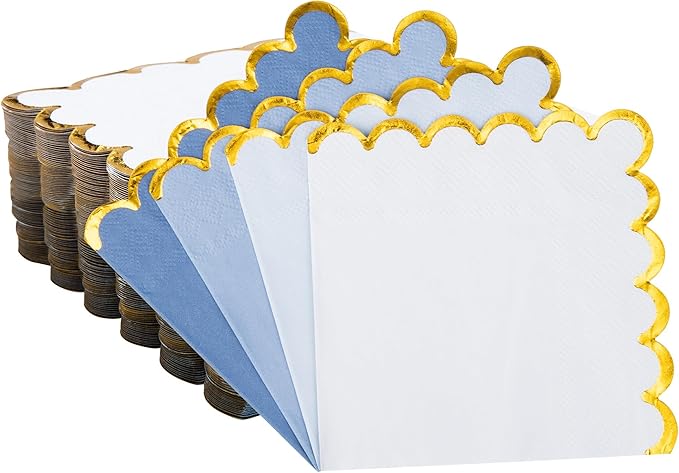 100 Pcs Blue Scalloped Napkins with Gold Foil Gradient Color Cocktail Napkin Folded 5 x 5 Beverage Napkins Disposable Paper Napkins for Birthday Party Supplies