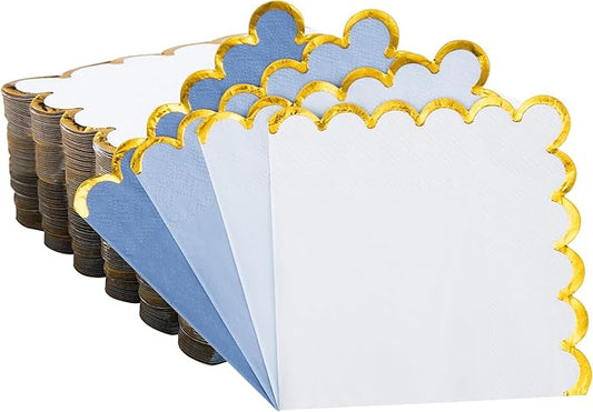 100 Pcs Blue Scalloped Napkins with Gold Foil Gradient Color Cocktail Napkin Folded 5 x 5 Beverage Napkins Disposable Paper Napkins for Birthday Party Supplies