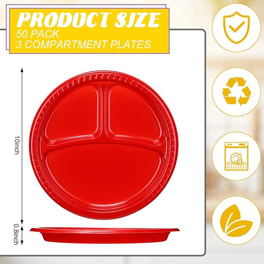 50 Pcs 10 Inch Plastic 3 Compartment Divided Plates Heavy Disposable Plates Duty Round Dinner Plates with Dividers for Wedding Birthday Party Dinnerware(Multicolor)