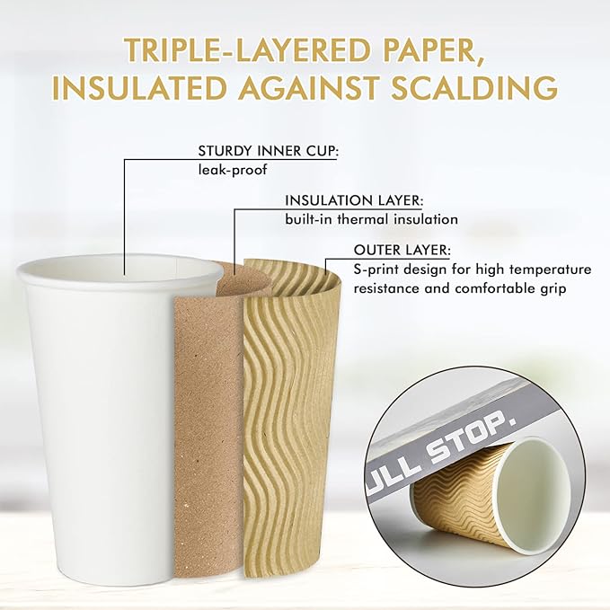 16 oz Coffee Cups, 90 Count Insulated Ripple Wall Paper Hot Coffee Cups for Hot Beverage