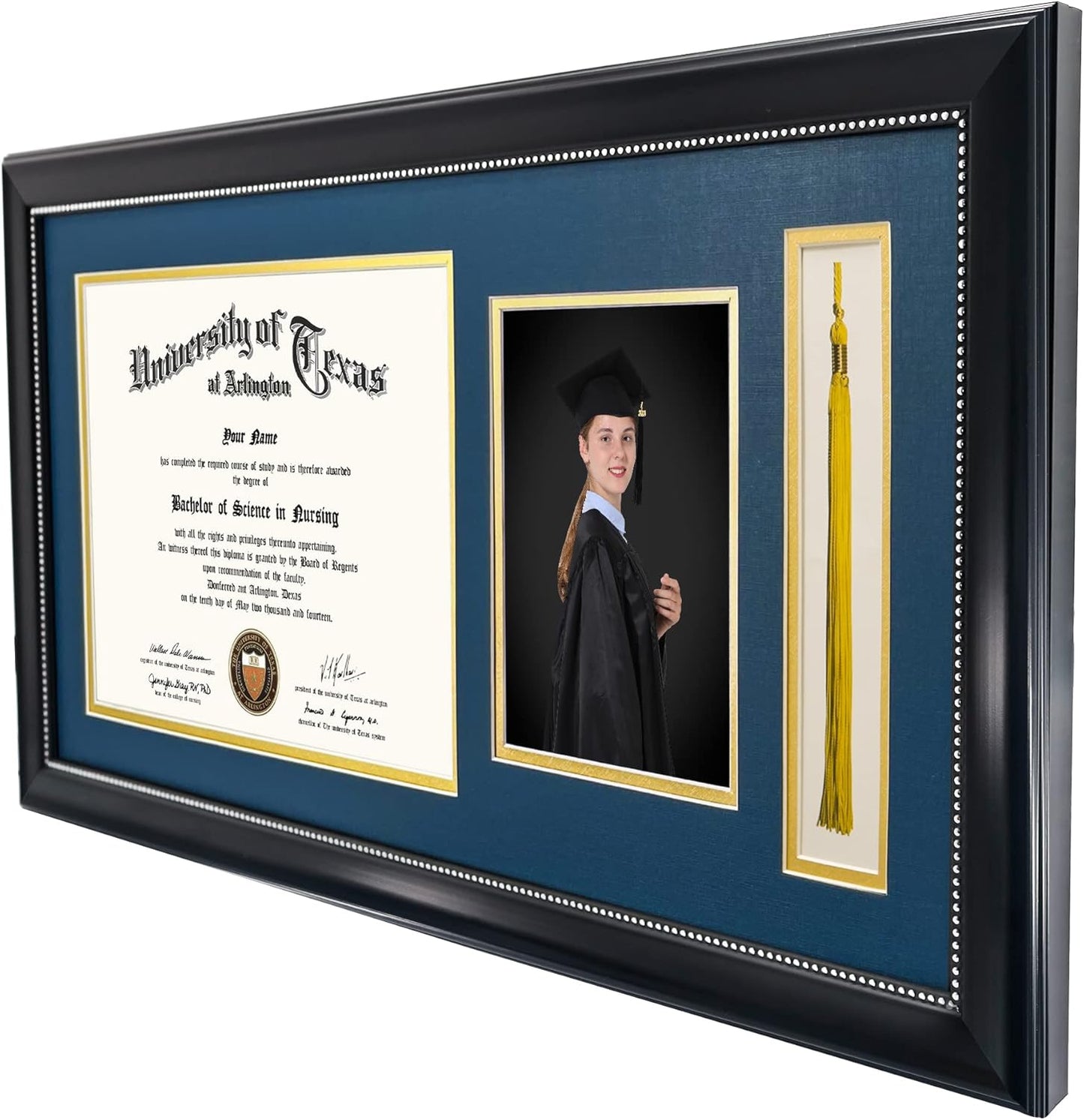GraduationMall 11x22 Black Diploma Frame with Tassel Holder and Picture for 8.5x11 Certificate 5x7 Photo,Real Glass,Navy over Gold Mat