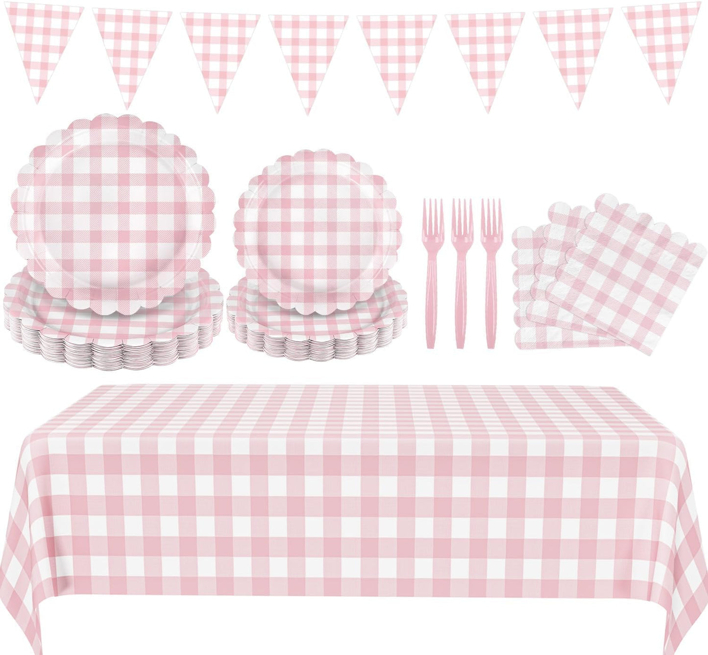 102 PCS Pink Gingham Party Supplies - Scalloped Plates, Napkins, Cups, Forks, Banner, Gingham Tablecloth for Baby Shower, Birthday, Pink Party Decorations, Serves 25