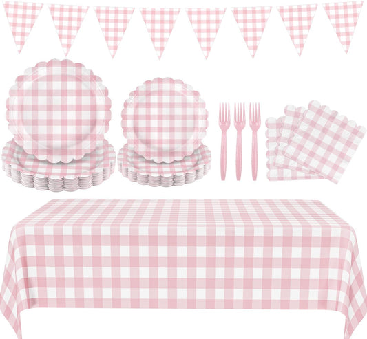 102 PCS Pink Gingham Party Supplies - Scalloped Plates, Napkins, Cups, Forks, Banner, Gingham Tablecloth for Baby Shower, Birthday, Pink Party Decorations, Serves 25