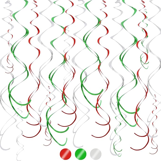 BEISHIDA Red Green Silver Hanging Swirls Party Decorations Plastic Streamer for Christmas Hanging Ornament Decorations, Christmas Wedding Graduation Party Supplies, Pack of 24
