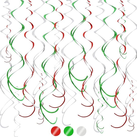 BEISHIDA Red Green Silver Hanging Swirls Party Decorations Plastic Streamer for Christmas Hanging Ornament Decorations, Christmas Wedding Graduation Party Supplies, Pack of 24