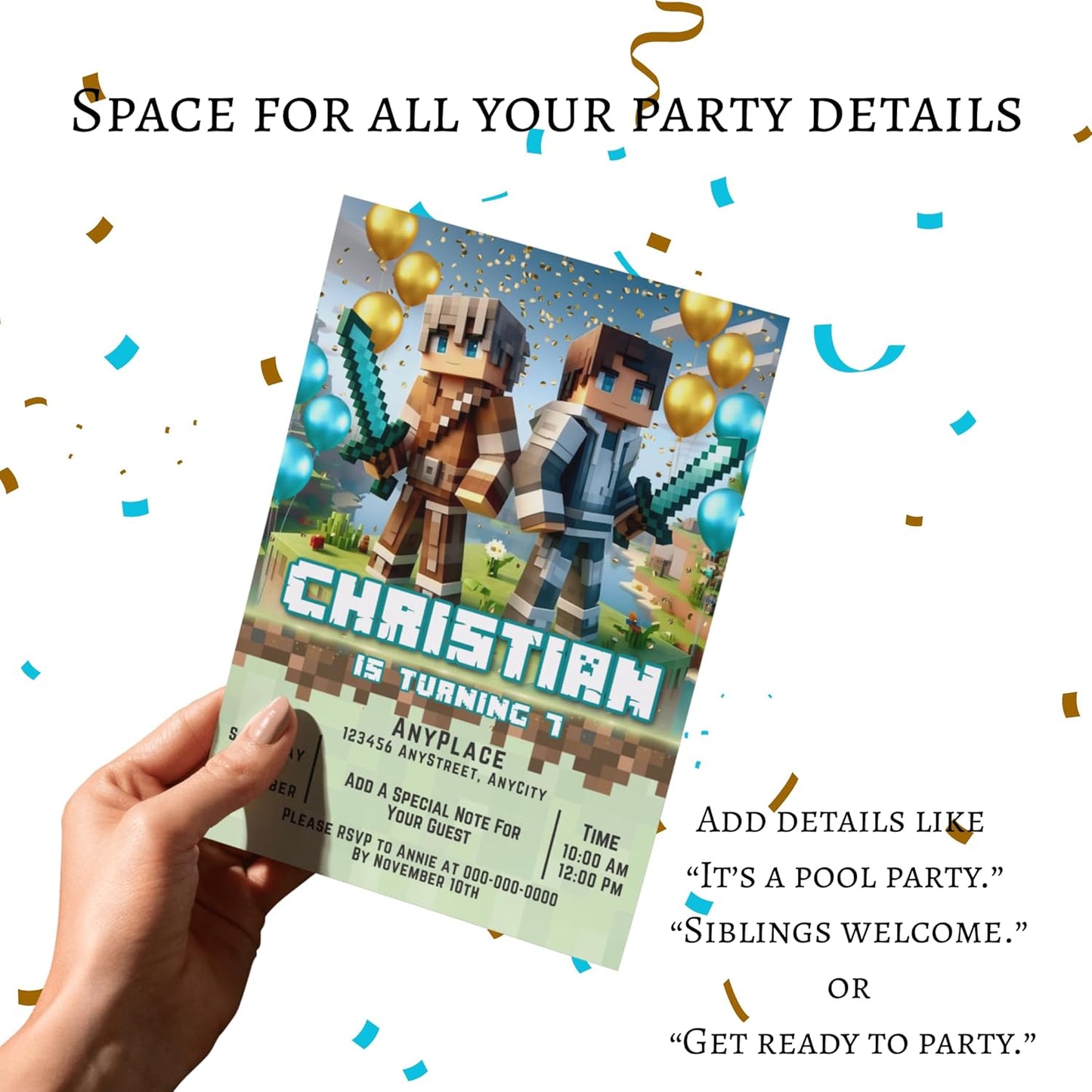Fully Customizable minecraft Birthday Party Invitations, 4 x 6 inches, with Self-Sealing Envelopes, Gaming Theme Design, minecraft Birthday Invitations for Boys and Girls (Minecraft/Friend's)