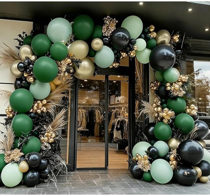 Green Black Balloon Arch, Double Stuffed Dark Sage Light Green Gold Balloon Garland for Birthday Baby Shower Graduation Jungle St Patricks Day Party Decorations