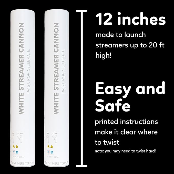 2 Pack Streamer Cannon Confetti Poppers | Biodegradable White Streamers | TUR Party Supplies | Launches Up to 25ft | Giant (12 in) | Party Poppers for Graduation, Birthdays, Weddings, and Memorial Day