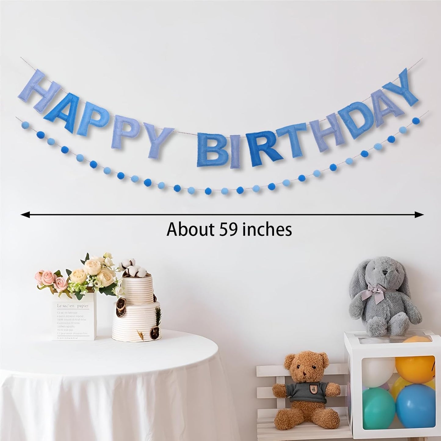 Blue Happy Birthday Banner Felt Ball Garland Pre-Strung Happy Birthday Sign for Party Backdrop Decorations Photo Prop