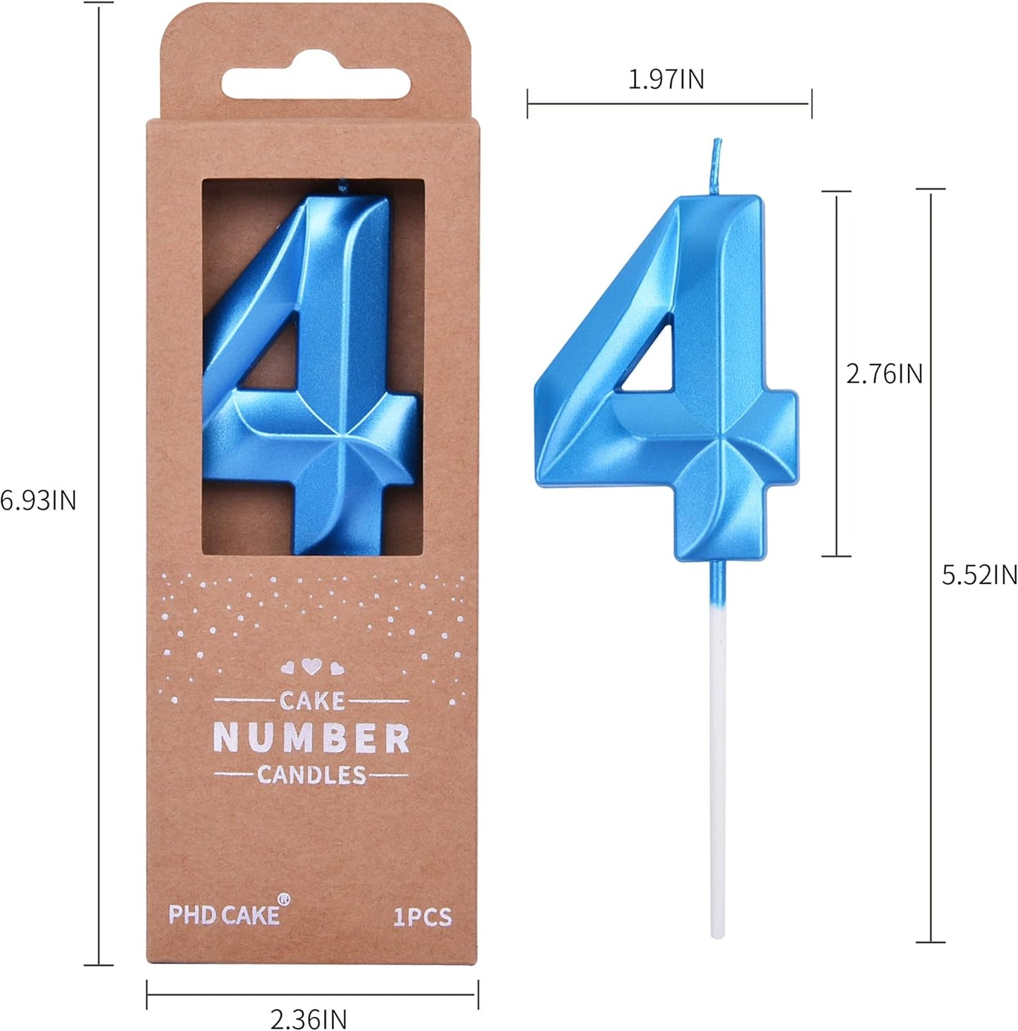 PHD CAKE 2.76 Inch Diamond Blue 4 Number Birthday Candles, Blue Number Candles, Cake Number Candles, Party Celebration