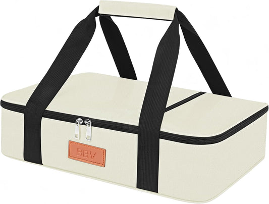 BBV Insulated Casserole Carrier for Hot or Cold Food, Food Warmer Bag Fits 9"x13" Baking Dish, Durable Nylon Leak Proof Food Containers for Travel, Potluck, Parties, Picnic, Cookouts (Beige)