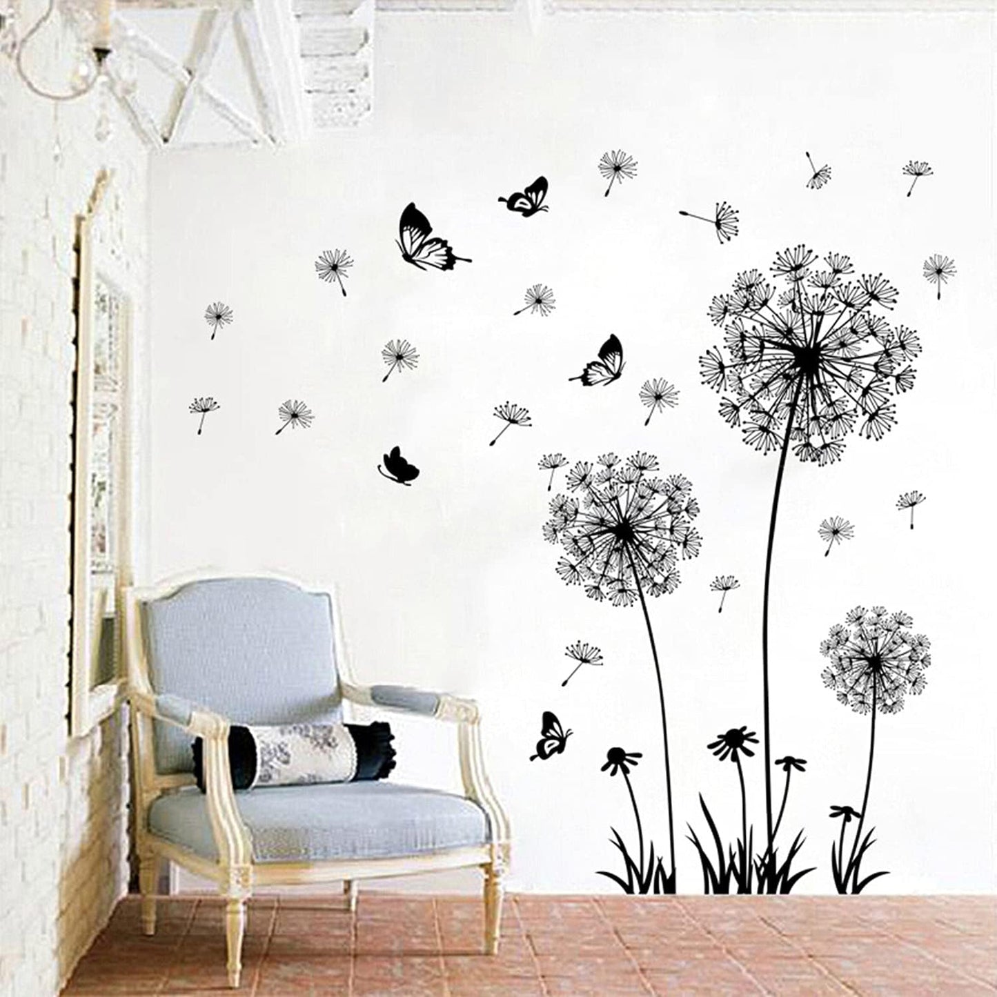 2 Set Dandelion Wall Decals, Flower Stickers, Murals With Butterflies for Bedroom, Office, Bathroom, Living Room - Removable Floral Peel and Stick Art Decoration