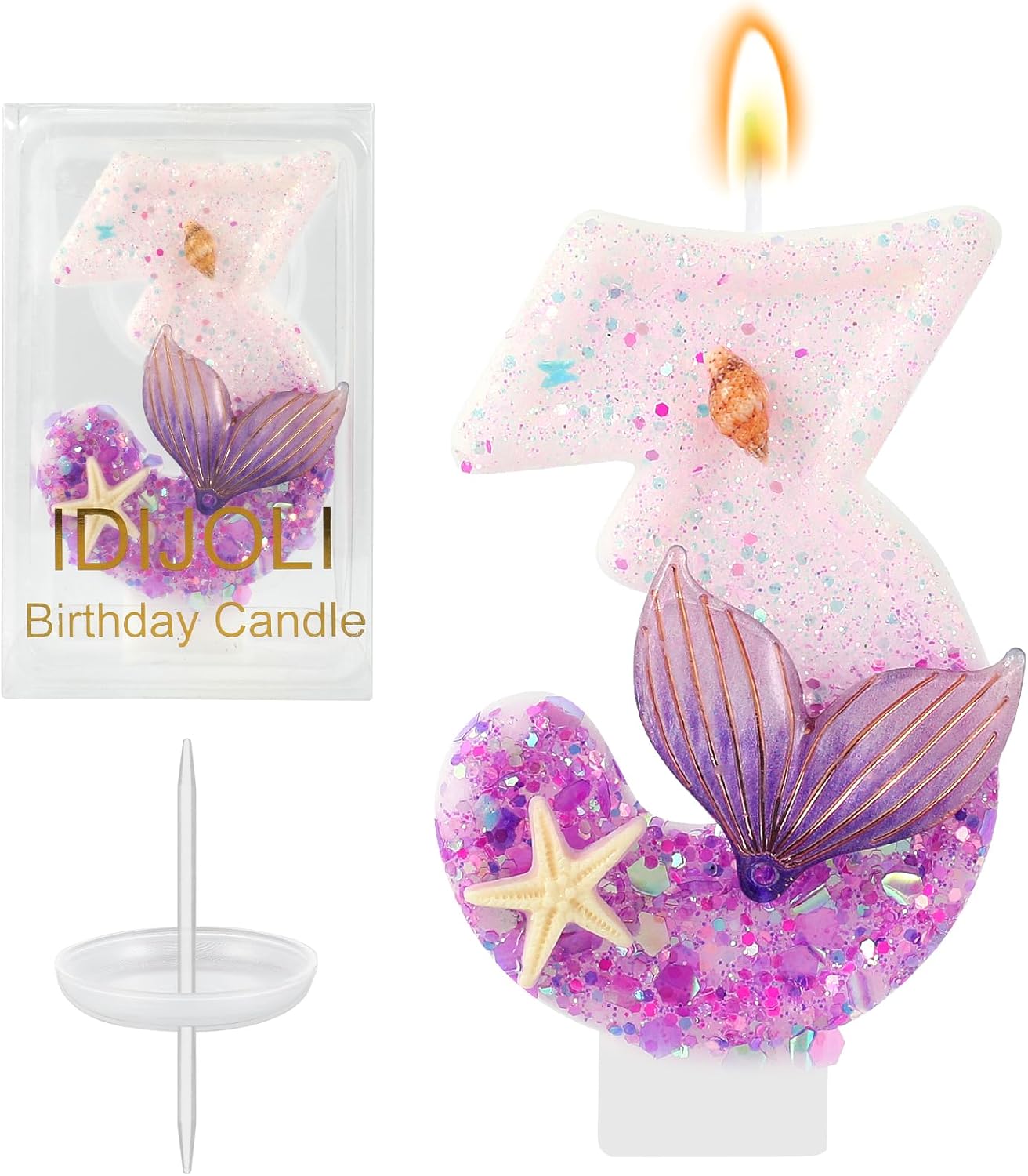 Purple Number 3 Candles Mermaid Birthday Candle 3nd Birthday Cake Topper Cupcake Decorations for Girls and Women Party Decor Anniversary Celebrations Supplies Favors