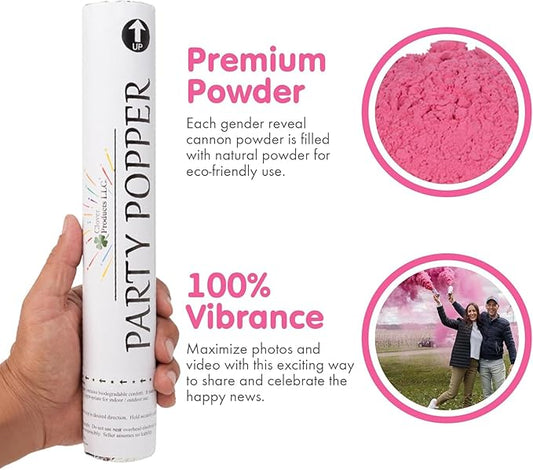Clover Products Gender Reveal Confetti Poppers – Biodegradable Powder cannon - Pink, 4 Pack - Girl Smoke Bombs - Powder Cannon Party Poppers Pink Party Supplies- Includes FREE “It’s a Girl” Balloon