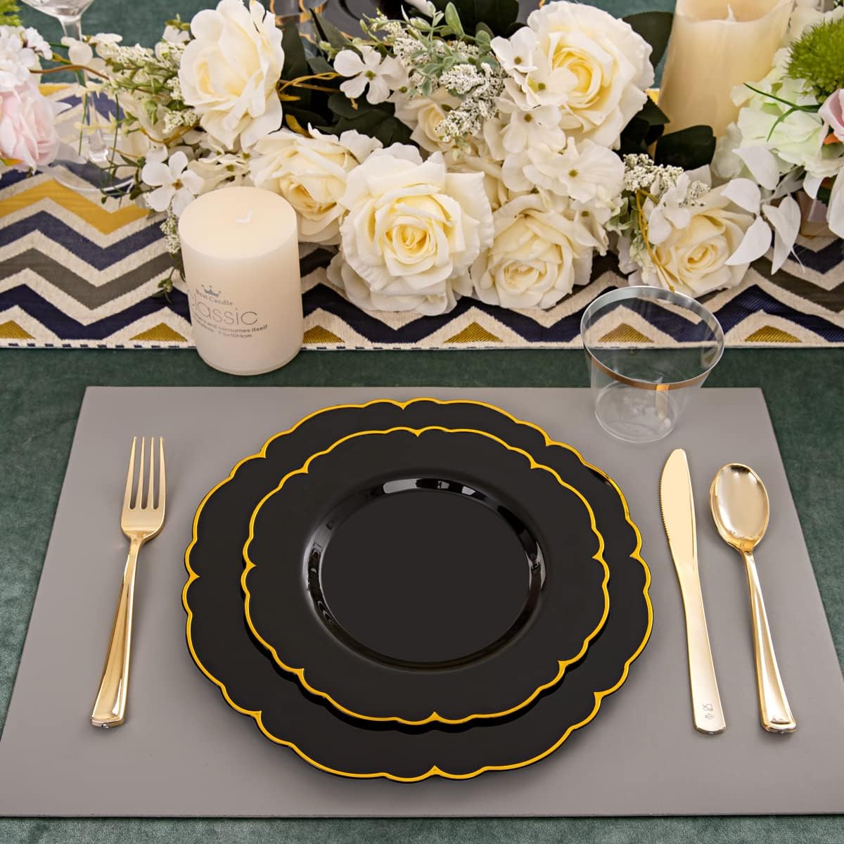 Morejoy 175PCS Black Gold Plastic Plates, Black Plate with Rolled Napkins: 50 Plates, 25 Spoons, 25 Forks, 25 Knives, 25 Cups for Wedding & Party & Birthday & New Year & Halloween