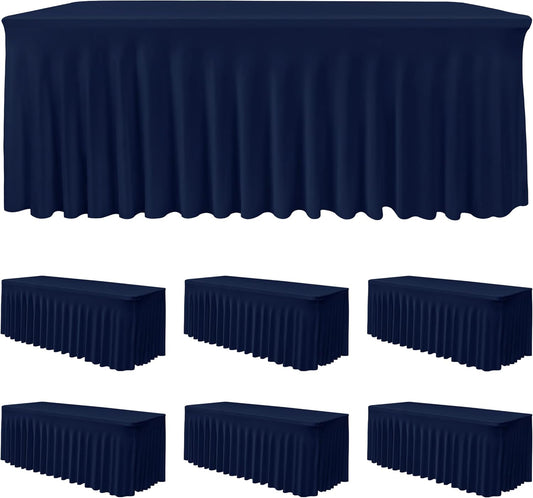 HolidayIdeas 6 Pack 6ft Spandex Table Covers for Event, Fitted Stretch Table Skirts 30x72 Inch, Wrinkle-Free Floor Length Tablecloths for Weddings Parties Banquets Events, Navy