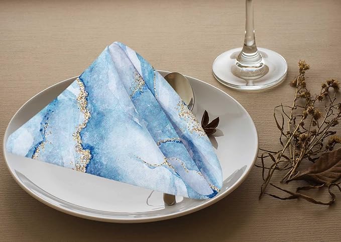 Yibeas Abstract White Blue Marble Cloth Napkins Set of 4 Soft Gold Glitter Veins Fake Stone Texture Washable and Reusable Dinner Napkins for Weddings Parties 18 x 18 inch