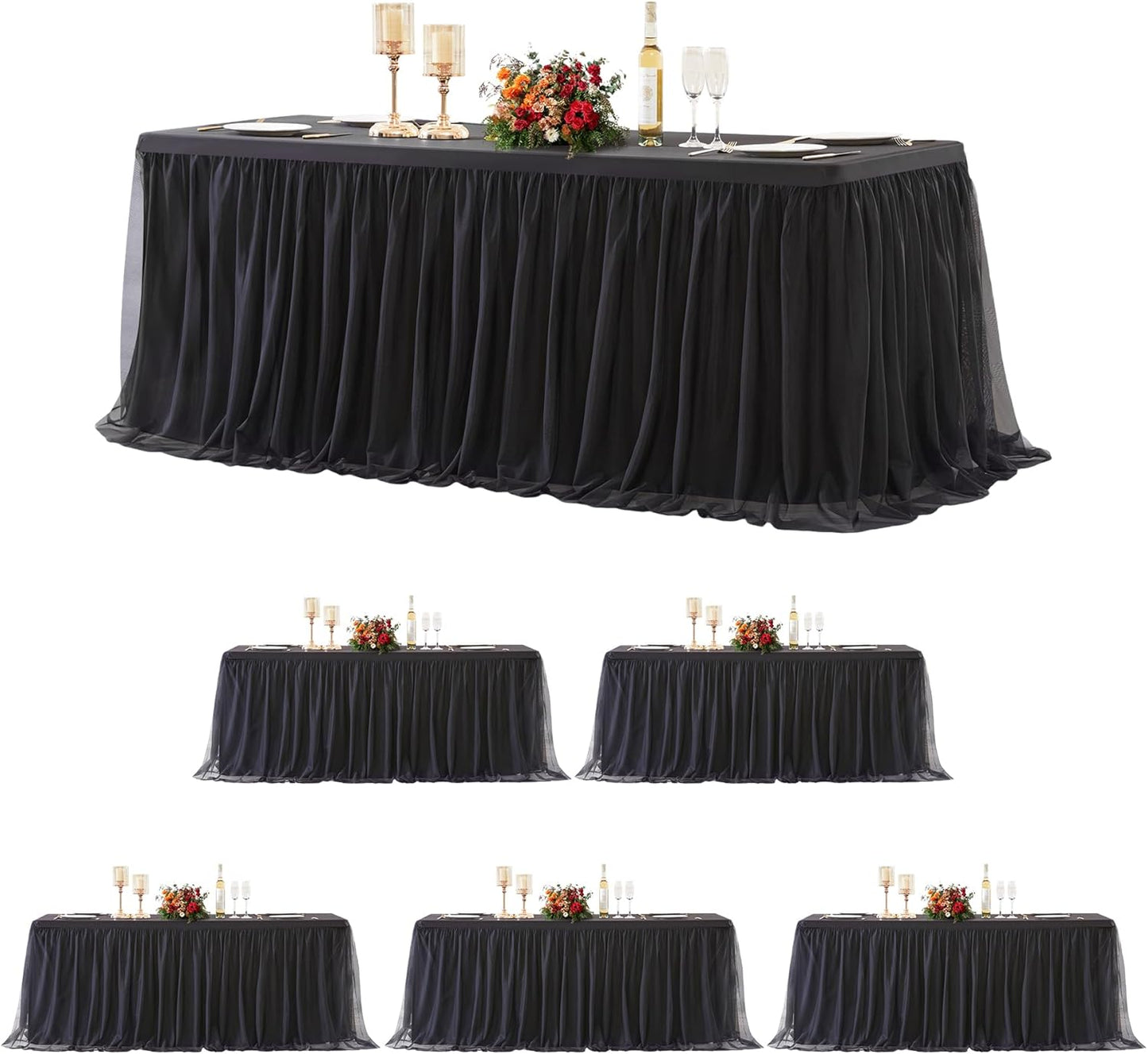 Suppromo 6 Pack Black Tulle Tablecloths for 6 Foot Rectangular Tables, 6ft Black Rectangle Table Cloths, Wrinkle Free Table Cover with Tutu Skirt for Wedding Birthday Party Banquet Buffet Decorations
