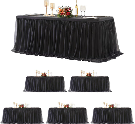 Suppromo 6 Pack Black Tulle Tablecloths for 6 Foot Rectangular Tables, 6ft Black Rectangle Table Cloths, Wrinkle Free Table Cover with Tutu Skirt for Wedding Birthday Party Banquet Buffet Decorations
