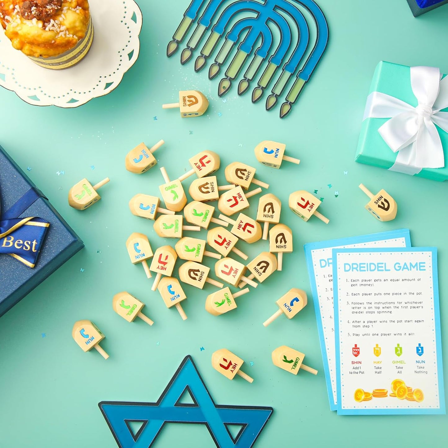 Wettarn 100 Pieces Hanukkah Dreidels Bulk Wooden Hanukkah Dreidels with Game Instruction Cards for Party Game(Size 1,Classic Style)