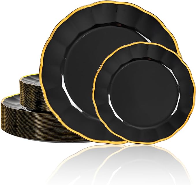supernal 60pcs Black and Gold Birthday Plates Plastic Plates for Party and Fancy Disposable Plate Heavy Duty Scalloped Plate Wedding Disposable Dinnerware Included 30 Dessert & Dinner Plate