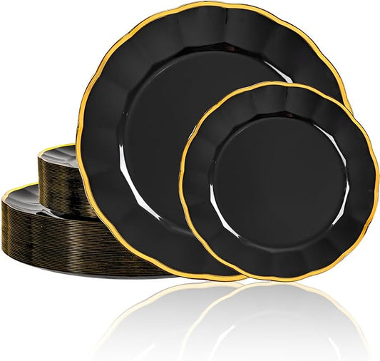 supernal 60pcs Black and Gold Birthday Plates Plastic Plates for Party and Fancy Disposable Plate Heavy Duty Scalloped Plate Wedding Disposable Dinnerware Included 30 Dessert & Dinner Plate
