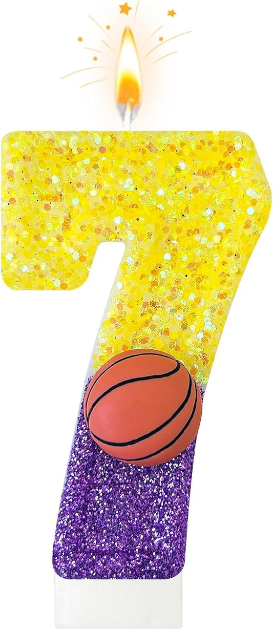 HXOUSE Basketball Number 7 Birthday Candles - Purple Gold Birthday Candles for Cake, 7 Candle for Basketball Theme Cake Topper, Boys Sport Party Decorations Gifts (No.7)