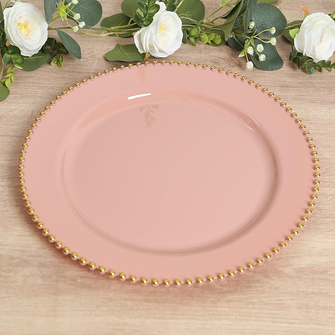 Efavormart 10-Pack Economy Plastic Charger Plates 13" Round Dusty Rose with Gold Beaded Rim - Stylish Dinner Party Serving Plates