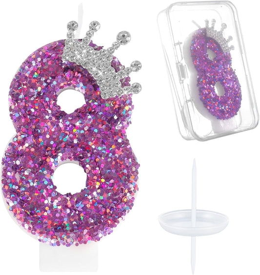 Ceya Number 8 Birthday Candles,Purple Crown Candle for Cake, Sparkling Number Glitter Candle 3.14inch Cake Topper,8st Birthday Decorations for Girl Women Reunions Anniversary Party Supplies